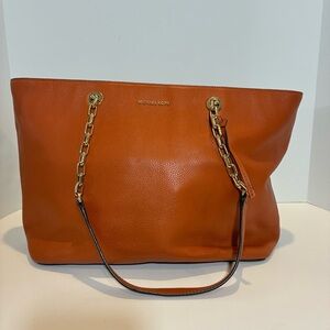 Michael Kors Mercer Leather Chain Medium Top Zip Multi function Tote Bag Orange